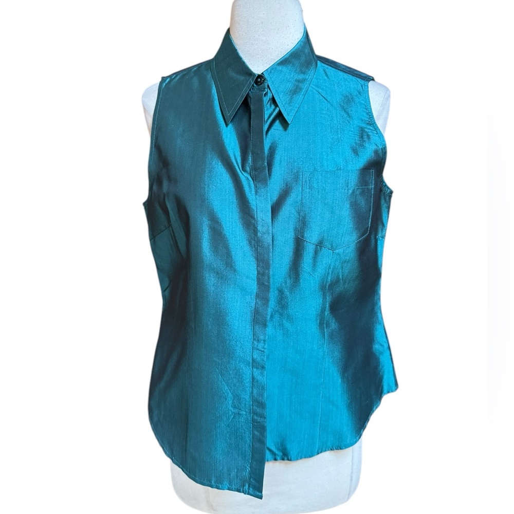 NWOT Y2K Express 100%‎ Silk Shimmery Green Sleeveless Button Down Shirt